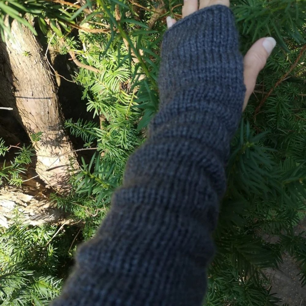 Dark Grey Handmade Fingerless Adult Knit Gloves Arm Warmer 14in